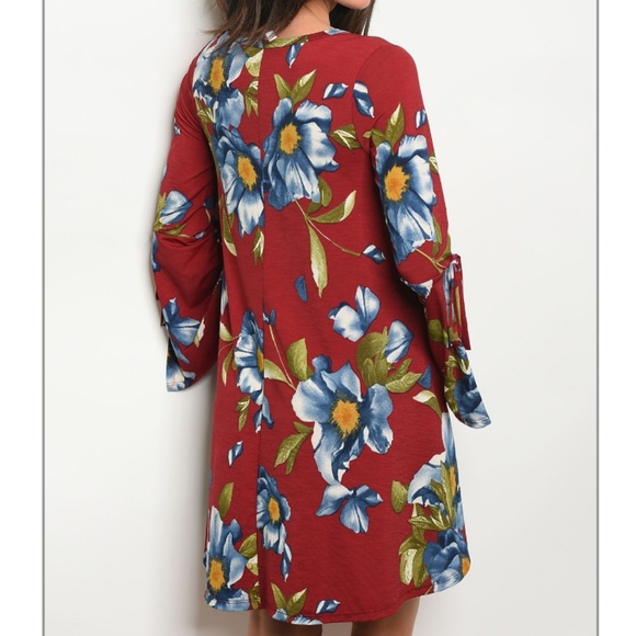 BURGUNDY FLORAL DRESS-101 - Picture 2 of 2